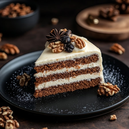 Deliciously Moist Homemade Carrot Cake with Cream Cheese Frosting, Walnuts, and Spices on Topの素材