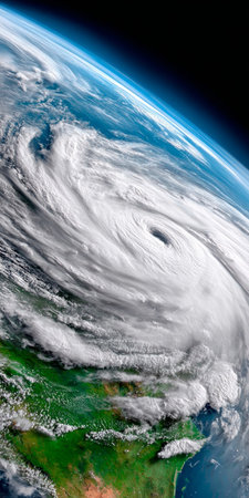 Satellite Imagery Captures a Massive Hurricane with Turbulent Swirling Vortex Above the Earthの素材