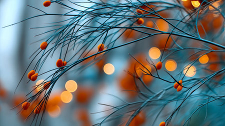 Abstract Molecular Structure Background Featuring Orange Bokeh Lights and Teal Branches for Designの素材
