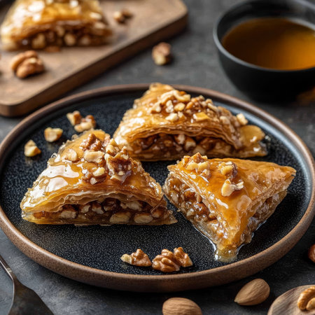 Delicious Baklava Pastry with Rich Nuts and Honey Drizzle Served on a Plate of Crisp Filo Doughの素材