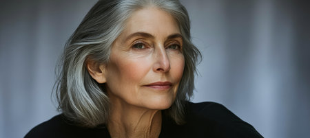 Elegant Older Woman with Grey Hair in a Black Business Dress Looking Thoughtfully Off to the Sideの素材