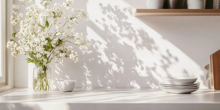 Bright and Airy White Kitchen with Fresh Flowers, Sunlight Streaming In, and Minimalist Decorの素材