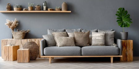 Stylish Interior Design Idea Featuring a Comfortable Grey Sofa Arrangement for Modern Homesの素材