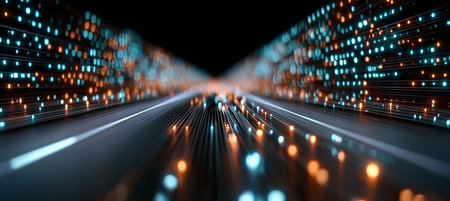Aerial View of a Busy Highway with Traffic Flowing, Surrounded by Lush Greenery and Urban Landscapeの素材
