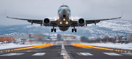 Airplane Preparing for Takeoff on Icy Runway Under Dramatic Grey Weather Clouds Aheadの素材