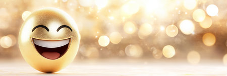 Delighted Emoji with Hilarious Laugh and Bright Smile on a Stunning Golden Background Displaying Joyの素材