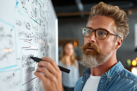 Concentrated businessman brainstorming and writing innovative ideas on whiteboard in modern officeの素材