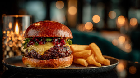 Mouthwatering Gourmet Burger with Crispy Golden Fries on a Stylish Dark Plate, Perfect Mealの素材