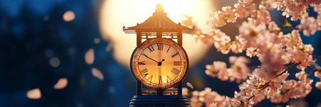 Cherry Blossoms and Pagoda Clock Under Moonlight, Capturing Springtime Serenity and Beautyの素材