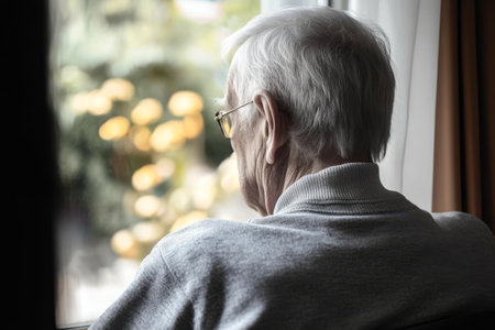 Pensive Senior Man with Silver Hair Gazing Out the Window, Reflecting on Life s Journey Indoorsの素材