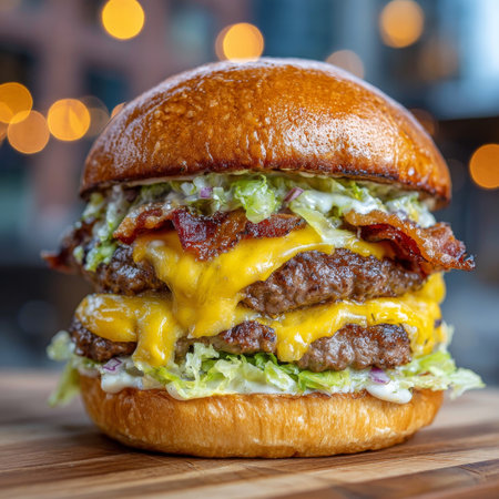 Delicious Double Cheeseburger with Crispy Bacon, Cheddar Cheese, Lettuce, and Secret Sauce Delightの素材