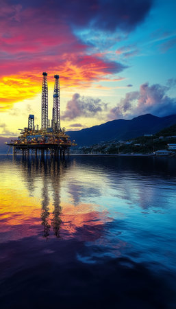 Stunning Sunrise Over an Offshore Oil Rig, Reflecting Industrial Beauty on Calm Coastal Watersの素材