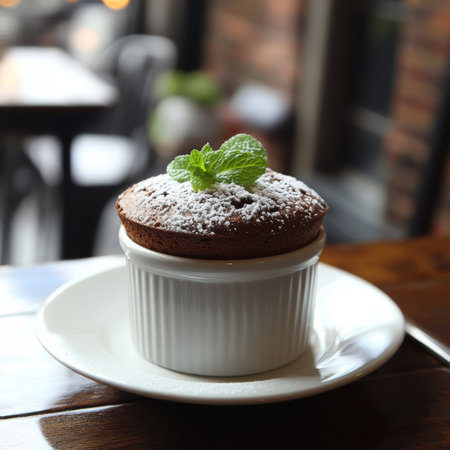 Decadent Chocolate Souffl with Mint Garnish, Dusting of Powdered Sugar, and Elegant Presentationの素材
