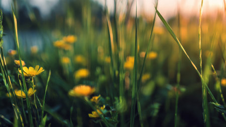 Soft Sunlight Shines on a Meadow of Golden Hour Sunset with Yellow Summer Flowers in Dreamlandの素材