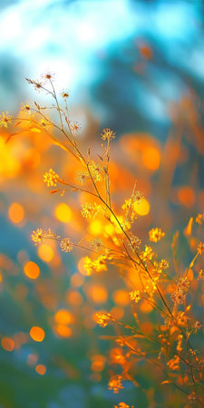 Serene Sunset Landscape with Golden Hour Colors Over a Dreamy Field of Wildflowers and Floraの素材