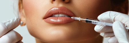 Beautiful woman receiving hyaluronic lip enhancement and facial skin lift for youthful appearance.の素材
