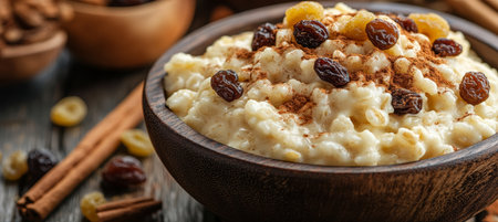 Indulgent Creamy Rice Pudding with Aromatic Cinnamon and Sweet Raisins for Cozy Comfort Momentsの素材