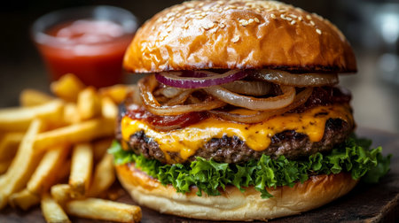 Mouthwatering Cheeseburger with Grilled Onions and Crispy Golden Fries on a Rustic Table Settingの素材