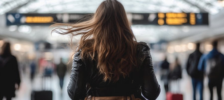 Rear view of a woman standing with her luggage in an airport, searching for flight information.の素材