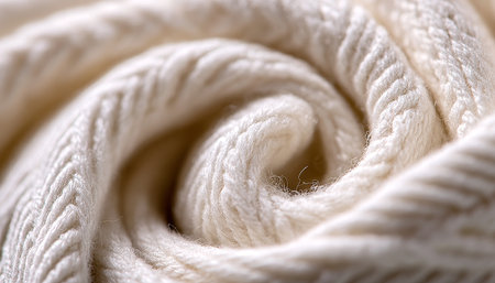 Extreme Close Up of Luxurious Natural White Sheep Wool Fabric with Detailed Macro Knitting Stitchの素材