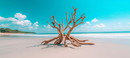 Isolated Driftwood Structure on Idyllic Clear Sandy Beach at Ocean Shore in Summer Atmosphereの素材