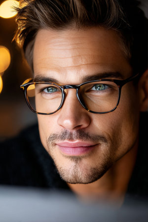 Thoughtful man with glasses in warm lighting, showcasing deep concentration and intellectual allure.の素材