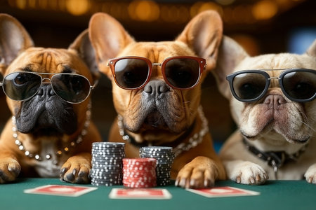 Frivolous Bulldogs Engage in Serious Poker Game with Colorful Chips and Cards at Casino Tableの素材
