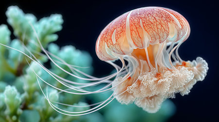 Graceful jellyfish drifting among colorful underwater flora in a serene marine environment.の素材