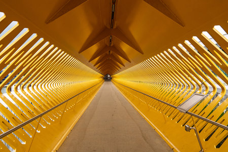 Vibrant Yellow Pedestrian Bridge Modern Architecture and Urban Infrastructure Design, Walkwayの写真素材