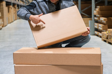 Man Inspecting Cardboard Boxes in a Warehouse. Quality Control and Logistics Concept.の写真素材