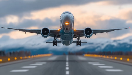 Aerodynamic Aircraft Soaring into the Blue Sky, a Modern Commercial Airplane Taking Off from Runwayの素材
