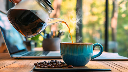 Steaming Coffee Pour from a Glass Carafe into a Blue Mug, Creating a Warm and Inviting Aroma at Homeの素材