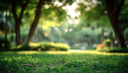 Lush Green Escape A Beautiful Natural Landscape Surrounded by Trees and Vibrant Lawn Serenityの素材