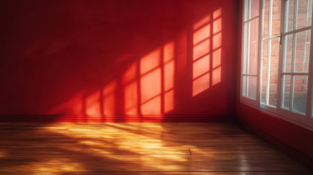 Bright Sunlight Illuminates a Minimalist Red Interior Space with Large Windows and Wooden Flooringの素材