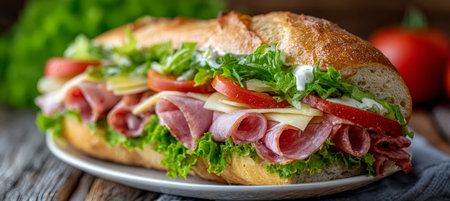 Delicious Hearty Submarine Sandwich Loaded with Deli Meats, Cheese, Fresh Lettuce, and Juicy Tomatoの素材