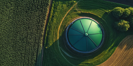 Aerial view of agricultural fields with circular biogas digester for renewable energy useの素材