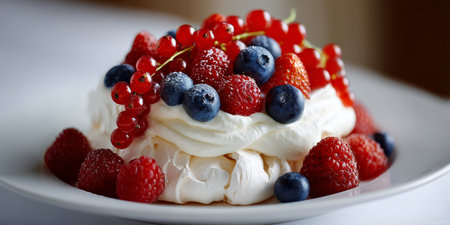 Exquisitely Light Pavlova Cake Dessert Garnished with Creamy Whipped Topping and Fresh Berriesの素材