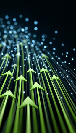 Network Communication Growth Depicted by Green Arrows Indicating Digital Success and Prosperityの素材