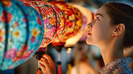 Enchanting Beauty of a Woman Surrounded by Lanterns, Celebrating Vibrant Traditions and Cultureの素材