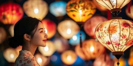 Elegant woman enjoying the beauty of vibrant lanterns at a mid-autumn festival celebration night.の素材