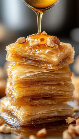 Deliciously Layered Baklava Towers with Flaky Filo, Nutty Filling, and Drizzled Sweet Syrup Glazeの素材