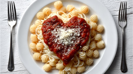 Heart Shaped Pasta with Tomato Sauce and Parmesan for Romantic Dinners and Valentine s Dayの素材
