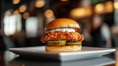 Delicious Gourmet Crispy Fried Chicken Sandwich with Fresh Pickles and Flavorful White Sauceの素材