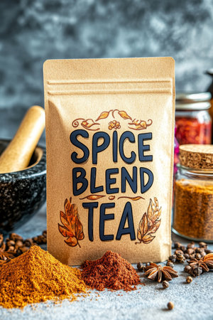 Aromatic Spice Blend Tea in Kraft Pouch with Mortar and Pestle, Culinary Ingredients Displayの素材