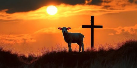 Silhouetted Lamb Before Cross at Sunset A Symbol of Faith, Hope, and Sacrifice in Christianityの素材