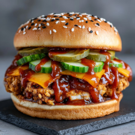 Delicious Chicken Sandwich with Fried Tender Breast, Cheese, Pickles, and Spicy Barbecue Sauceの素材