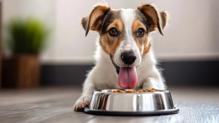 Eager puppy waits by a full food bowl, tongue out, eyes shining with excitement for its meal.の素材