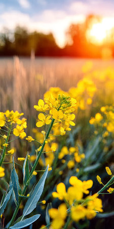 Vibrant Yellow Flower Meadow at Sunset Abstract Soft Focus Landscape with Dreamy Golden Huesの素材