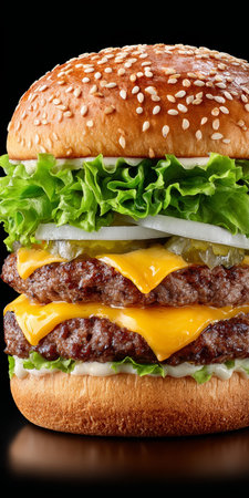 Delicious double cheeseburger with fresh ingredients, tangy pickles, and a sesame seed bun.の素材