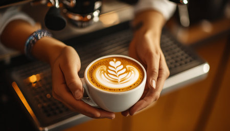 A Skilled Barista Perfects the Art of Latte with Intricate Designs in a Coffee Shop Environmentの素材
